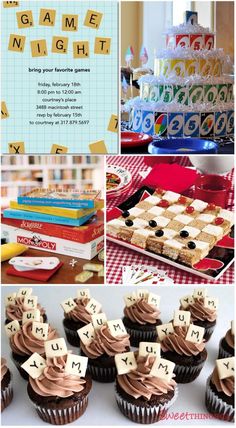 a collage of photos showing different types of cakes and cupcakes with words on them