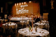 a banquet room set up with tables and chairs