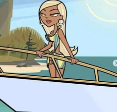 a cartoon character on a boat in the water