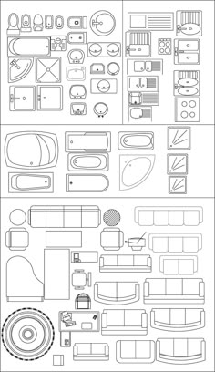 a black and white drawing of different types of furniture in the same line art style