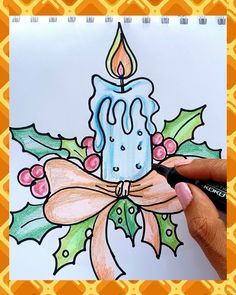 a drawing of a lit candle with holly leaves on it and a ribbon around the edge