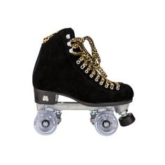 the roller skate is decorated with gold chains and black suede, as well as silver wheels