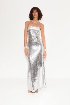 SCULPTY-STRAPLESS-SEQUIN-DRESS-SATALLITE-SILVER Silver Formal Dress, Silver Glitter Dress, Strapless Sequin Dress, Lame Dress, Sleeveless Gown, Glitter Dress, Knitwear Dress, Woven Dress, Holiday Dresses