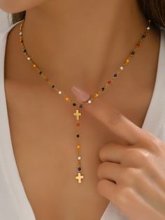 Multicolor  Collar  Acero Inoxidable   Embellished Stainless Steel Cross Pendant, Beaded Necklace Diy, Diy Bracelets Easy, Steel Cross, Women Pendant, Handmade Wire Jewelry, Beaded Bracelets Diy, Diy Crafts Jewelry