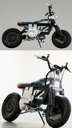 an electric scooter is shown in two different views, with the front and rear wheels