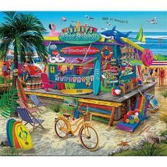 this is an image of a colorful food stand on the beach with umbrellas and chairs