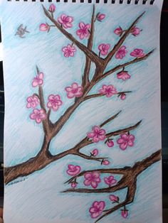 a drawing of a tree with pink flowers