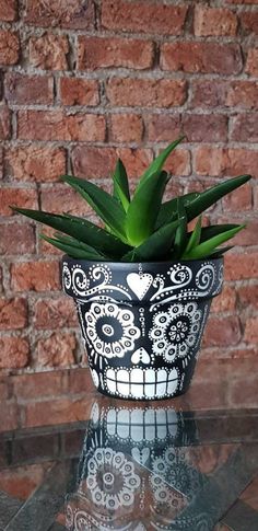 a black and white skull planter sitting on top of a glass table next to a brick wall