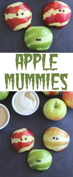 apple mummies made out of apples with faces on them and dip in the middle