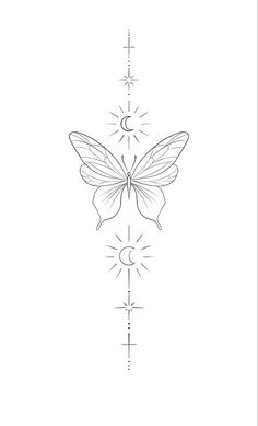 a line drawing of a butterfly with the sun and moon on it's wings