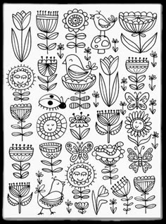 a black and white drawing of flowers, plants and birds on a piece of paper