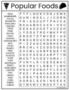 the word search for popular foods is shown in this printable puzzle game, which includes words and pictures