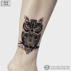 an owl tattoo is shown on the leg