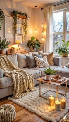 a living room filled with lots of furniture and plants on top of it's windowsill