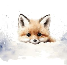 a watercolor painting of a baby fox peeking out from the snow