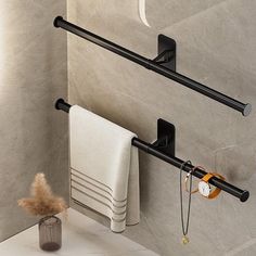 a bathroom with two black towel racks on the wall