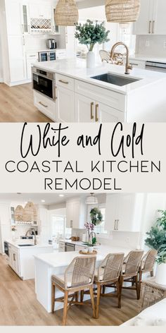 white and gold coastal kitchen remodel with text overlay that reads, white and gold coastal kitchen remodel