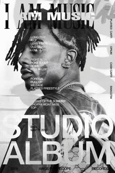 a black and white photo of a man with dreadlocks on his head, in front of the words i am music