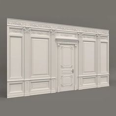 an empty room with white walls and wooden doors on the wall is shown in this 3d image