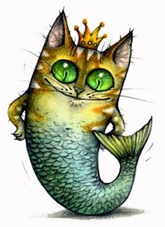 a cat with green eyes and a crown on its head is sitting on a mermaid tail