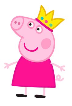 peppa pig with a crown on his head and pink dress, standing in front of white