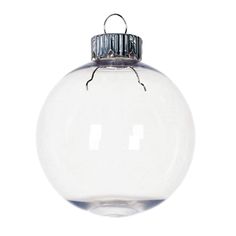 a clear glass ornament hanging on a white background