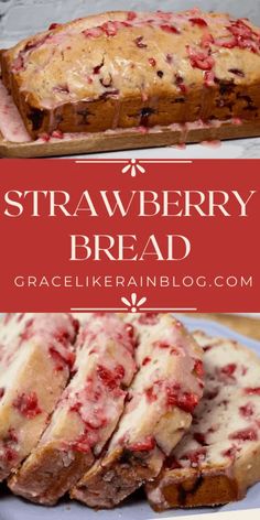 strawberry bread with icing and strawberries on top is shown in this collage