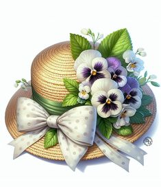 a painting of a hat with flowers on it and a ribbon around the brim