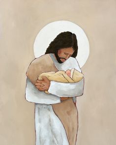 a painting of jesus holding a baby in his arms