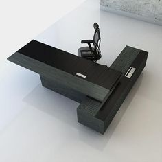 an office desk with a chair in the middle