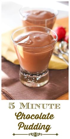 three chocolate puddings in small glass bowls with the words 5 minute chocolate pudding on top