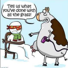 a cartoon cow is talking to another cow in the snow with a caption that reads, world of cow