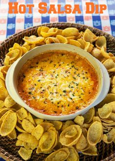 a bowl of salsa dip with tortilla chips on the side and text overlay that reads hot salsa dip