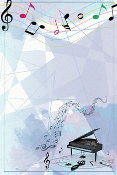 a piano with musical notes and music staffs in the background, as well as an abstract design