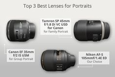 the top 3 best lenses for portraits are shown in three different sizes and colors, along with