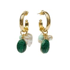 Earrings gilded with 24 carats gold, adorned with malachite, African blue opals and freshwater pearls. Ode to Egyptian charms, the Ximena collection gathers semi-precious stones, river pearls and lucky beetles, glowing with positive vibes! Length: 4 cm Jewel handcrafted in Paris. HOW TO CARE FOR YOUR JEWELRY: To help you preserve your jewellery for as long as possible, we recommend to:- keep it on its own in its cotton case, away from sources of moisture- avoid prolonged contact with water- avoi River Pearls, Semi Precious Stones, Beetles, Blue Opal, Positive Vibes, Semiprecious Stones, Precious Stones, Freshwater Pearls, Semi Precious