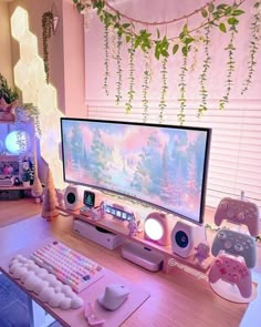 a desk with a computer, keyboard and mouse on it in front of a window