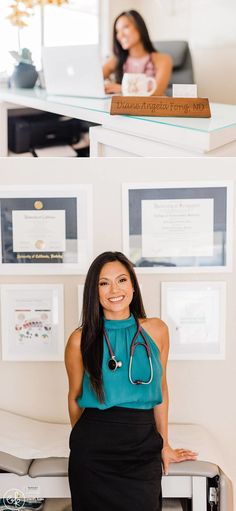 a woman with a stethoscope standing in front of a desk and smiling at the camera