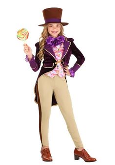 Our in-house creative team created this Girl's Candy Inventor Costume for a quality look that's sure to put your kiddo in character as soon as it's out of the package! It features a lush purple jacket with gold trim and dapper tails. A colorful candy-print vest is layered underneath with gold-tone buttons down the front. An oversized purple tie loops around the neck, adding even more pizzazz. Inventor Costume, Most Popular Halloween Costumes, Kids Leather Jackets, Black Military Boots, Kids Halloween Costumes, Popular Halloween Costumes, Kids Costumes Girls