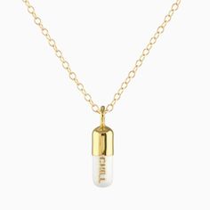 Our Chill Pill Necklace brings an instant calm when you're stuck in traffic or your dog got into the trash or you just want to tell the person in front of you at the grocery store to chill out on their cell phone. Available in white or turqouise Charm measures 0.2 x 0.7 inches. 18K gold vermeil Gold filled chain Adjustable length of 16-18 inches. Pill Necklace, Chill Pill, Jewelry Candles, Gadget Gifts, Candle Accessories, Game Inspiration, White Turquoise, Book Stationery, Gold Filled Chain