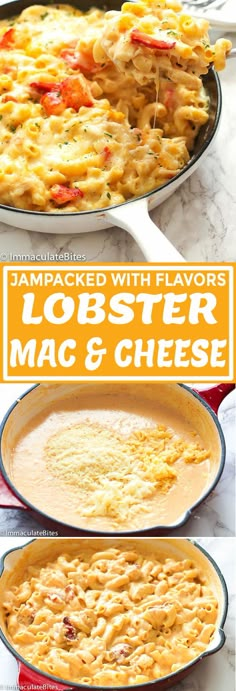 an image of lobster macaroni and cheese in a pan with text overlay