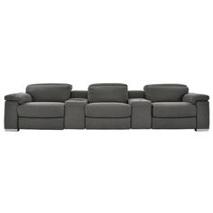 The Karly Dark Gray Home Theater Seating is the ultimate set-up for your home theater entertainment center. The soft performance fabric upholstery of this power reclining sofa features a smoke gray tone that's easy to match to a modern or transitional decor while the push buttons activate power motion in the left and right recliners and headrests to help you find your level of relaxation for any movie nights. Two storage consoles with beverage holders make entertaining easy by providing storage Farmhouse Recliner Theater Seating Grey, Power Reclining Sofa, Theater Seating, Sofa Styling, Home Theater Seating, Transitional Decor, Grey Tones, Armless Chair, Power Recliners