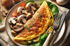 an omelet with mushrooms and spinach is on a plate next to silverware