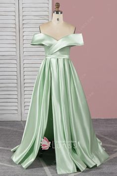 Pastel Green Prom Dress, Mint Green Satin Dress, Mint Prom Dresses, Pale Green Dress, Off Shoulder Prom Dress, Green Ball Gown, Military Ball Dress, Prom Dresses Off The Shoulder, Green Satin Dress