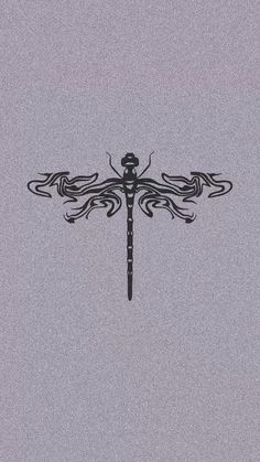 a black and white drawing of a dragonfly on a gray background with an intricate design