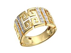 0.10ctw round white diamond, 18k yellow gold over sterling silver open design band ring. Measures approximately 13/16"L x 7/16"W and is not sizeable. Rhodium enhanced settings. Open Design, Greek Key, White Diamond, Band Ring, Key Ring, Key Rings, Band Rings, Yellow Gold, Engagement Rings