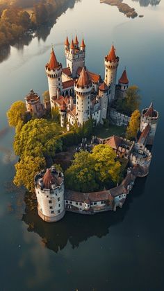 an aerial view of a castle in the middle of water with trees around it,