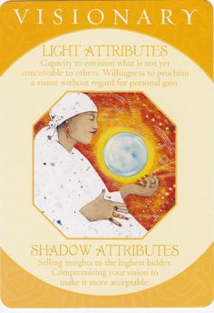 a card with an image of a woman holding a glass ball in her hand and the words, visionary light attributes