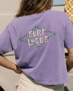 Vintage boxy surf t-shirt fit. Women's sizes. 80's eco-friendly illustration. Friendly Illustration, Surf Apparel, Baked Clay, Sand Surfing, Business Board, Surf Tee, Surf Shorts, Surf Shirt, Fundraising Ideas