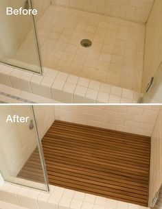 before and after pictures of a shower with wood flooring in the bathtub area